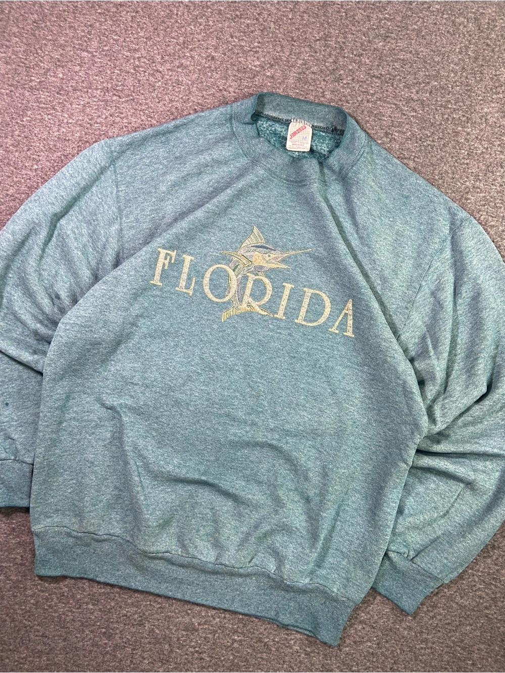 🔥 VTG 90s Jerzees Florida Marlin Graphic Sweatshirt Mens Medium USA Made Teal